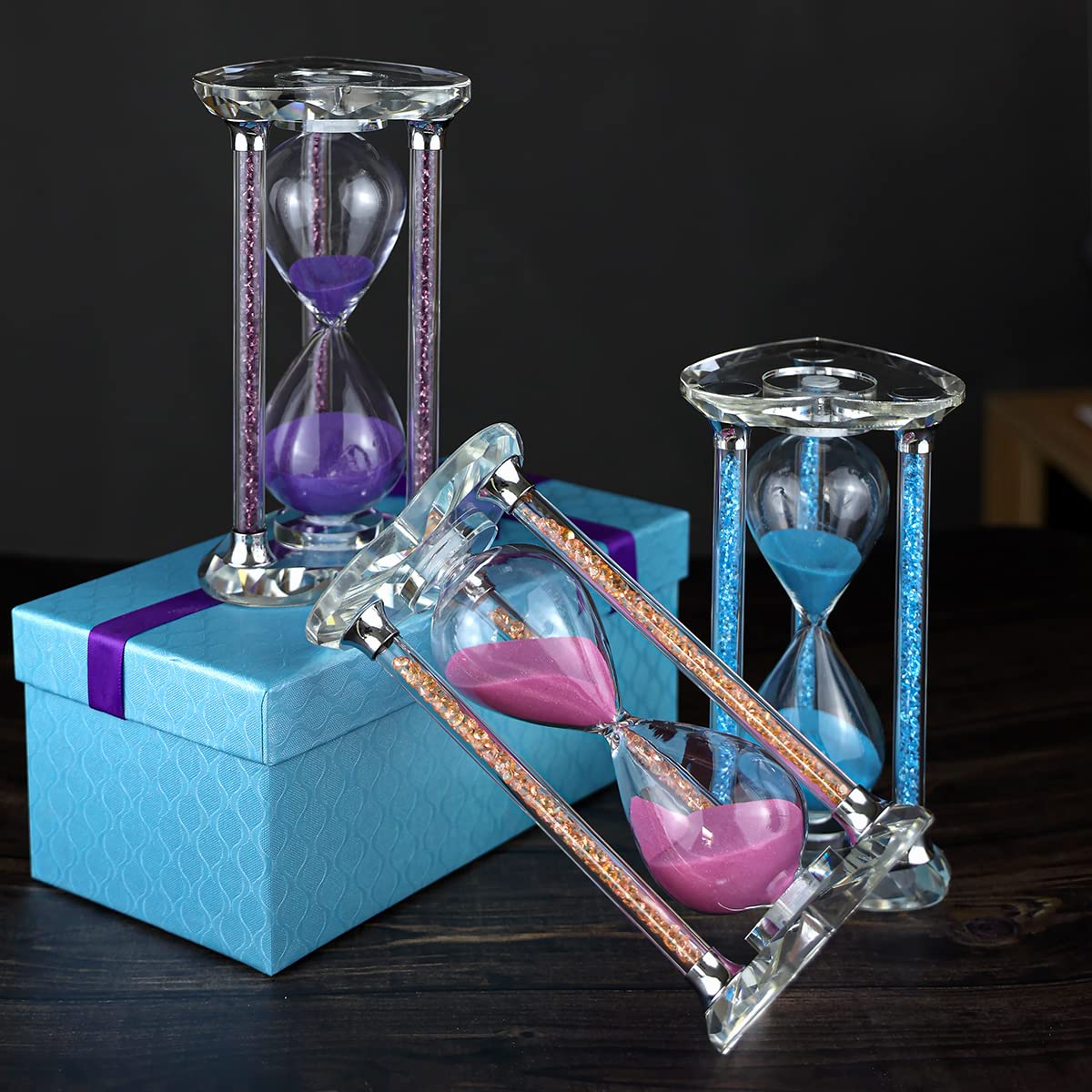 60 Minutes Sand Timers,Heart Shaped Crystal Hourglass, Sand Clock with Gift Box (Pink)