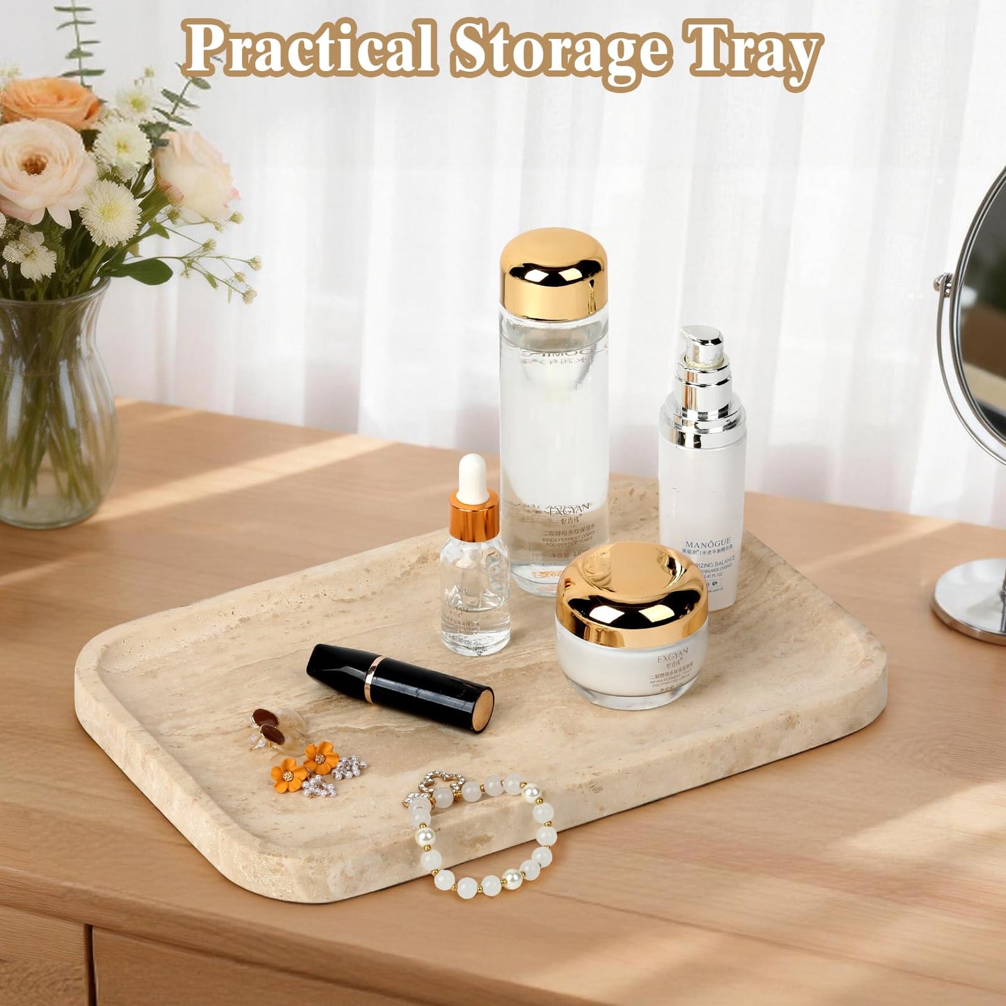 Moujings Natural Travertine Vanity Tray - Decorative Stone Marble Tray for Bathroom Countertop, Elegant Organizer for Home Decor, Jewelry, Candle, Makeup, Kitchen and Dresser Decor