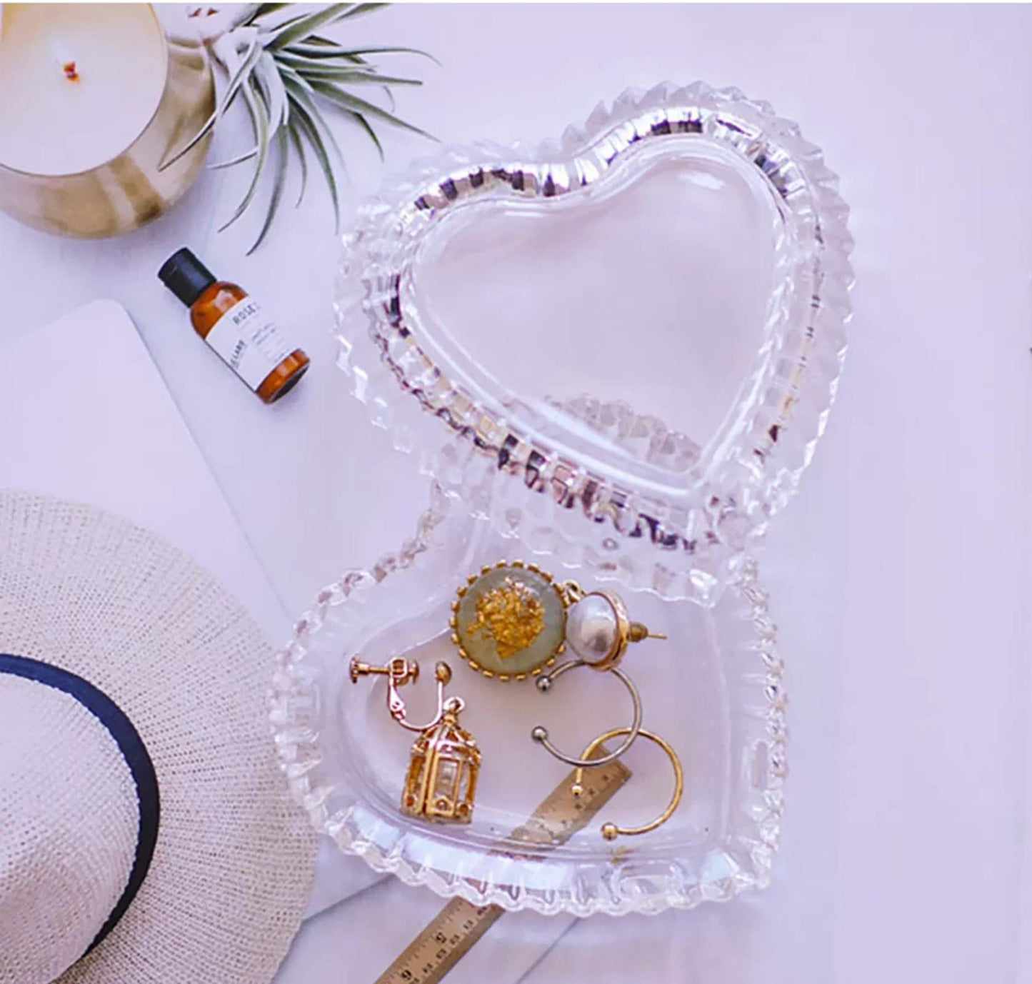 JOYSIP Clear Crystal Heart Shape Jewelry Tray for Girls, Women's Small Covered Trinket Storage Organizer Box