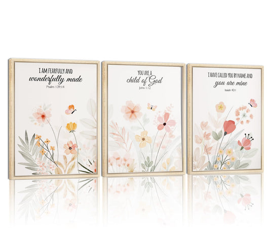 3pcs Framed Floral Wall Art Pieces, Christian Art, Bohemian Wall Decorations, Inspirational Bible Verse Canvas Paintings, Wildflower Patterns, For A Girl'S Room And Living Room, 12x16 Inch