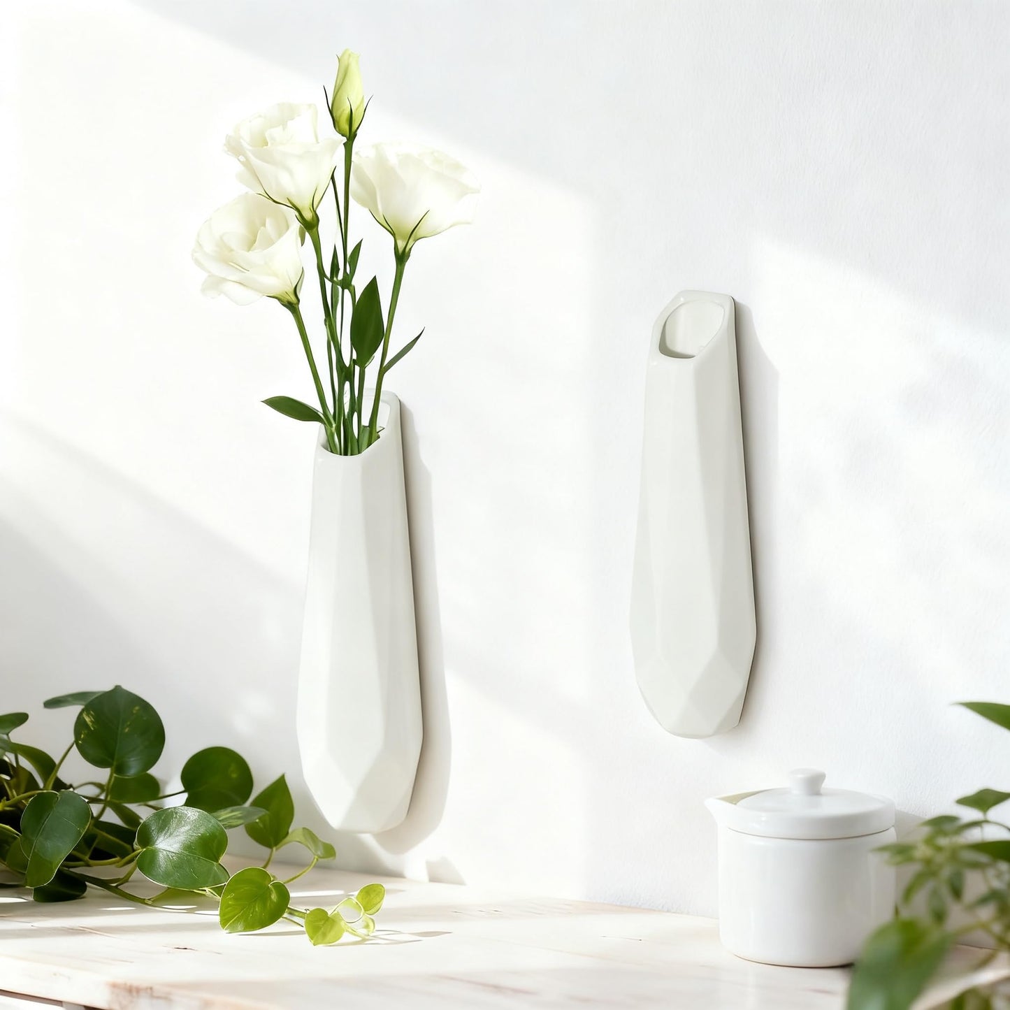 DOCFLVAS Classic Ivory Wall Ceramic Vase — 2 Pack White Hanging Vases | Timeless Ceramic Wall-Mounted Vase for Home & Gift