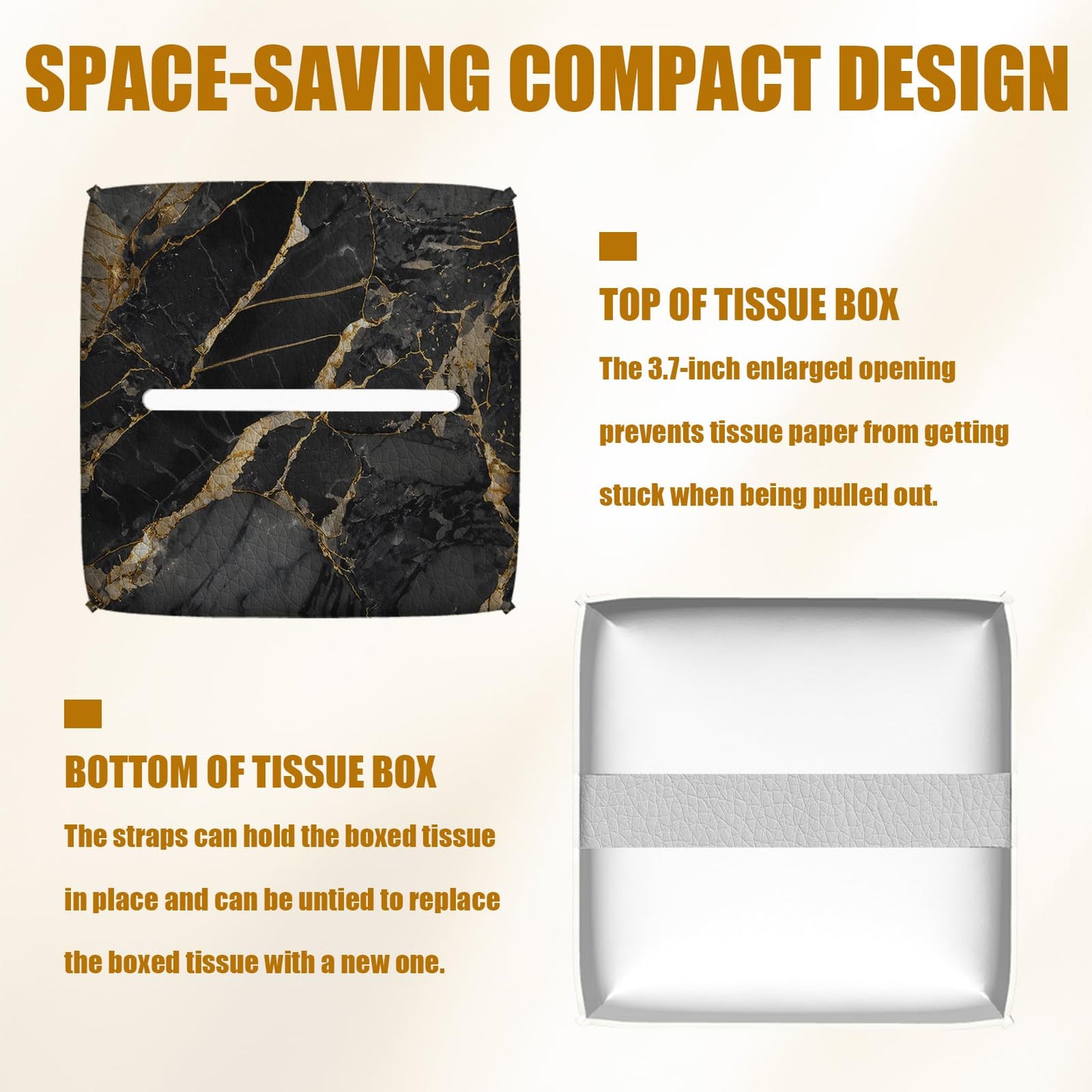 Black Gold Marble Tissue Box Cover 2PCS, Leather Tissue Box Holder Square Facial Paper Case Tissue Box Cube Organizer for Bathroom Bedroom Desk Office