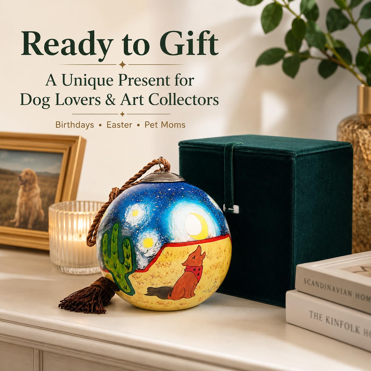 LiBien Cactus & Dog Handmade Inside Painted Glass Ornament with Gift Box - Whimsical Art Collectible - Gift for Dog Lovers, Pet Moms, Birthdays, Easter & Art Enthusiasts