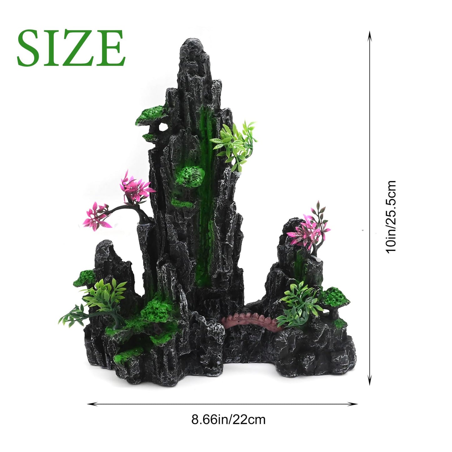 ZUDKSUY Aquarium Mountain View Stone Ornament, Resin Aquarium Cave with Trees Grasss, Fish Tank Decoration for Freshwater & Saltwater Tanks Fish Rest Play Hiding Cave