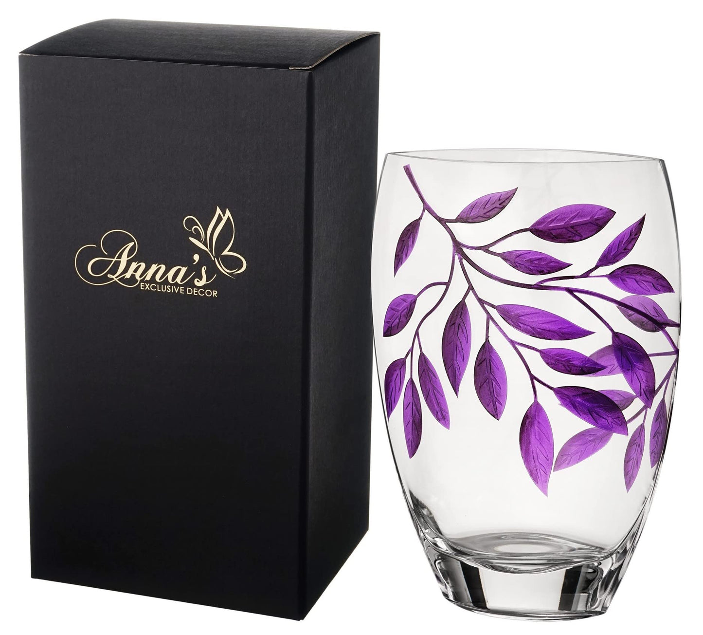 Large Hand Blown Glass Vase 30 cm - Purple Leaves Decor