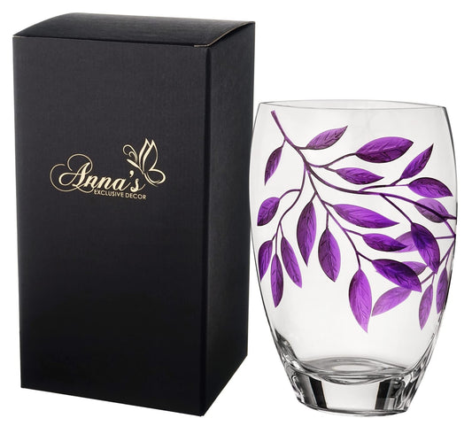 Large Hand Blown Glass Vase 30 cm - Purple Leaves Decor