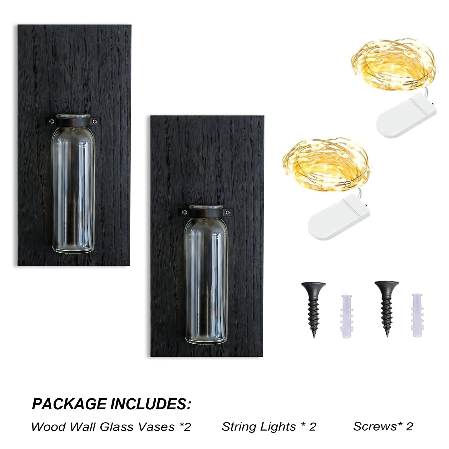 Heiple 2 Pack Wall Planters for Indoor Plants, Wood Glass Decor for Bathroom, Bedroom Living Room, Modern Farmhouse Wooden Pocket Wall Vases for Dried Flowers and Plastic Plants (Black)