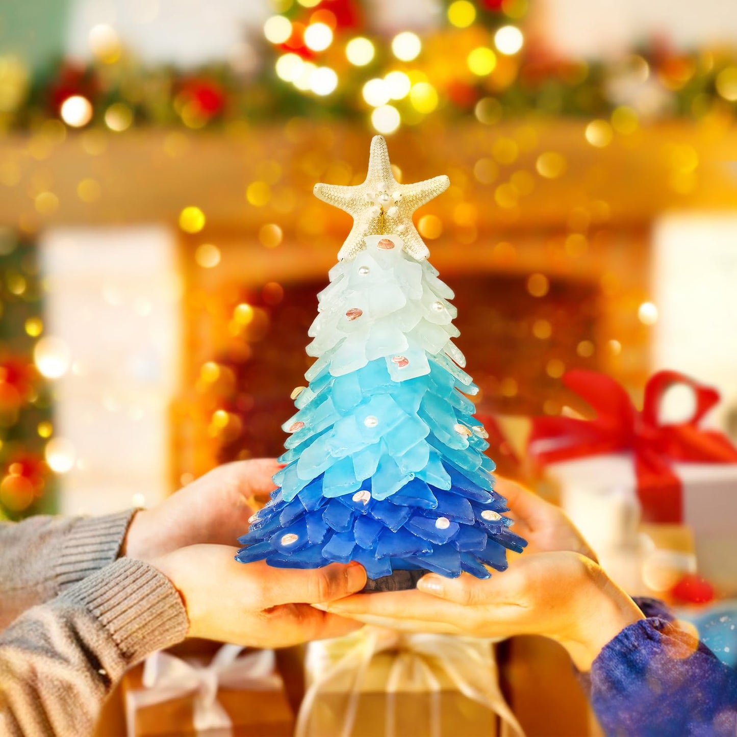 Sea Glass Christmas Tree - Handcrafted Mini Christmas Tree, Table Centerpiece - Ideal for Christmas, New Year, Home Decor, Coastal Holiday Decor and More (Blue Gradient)