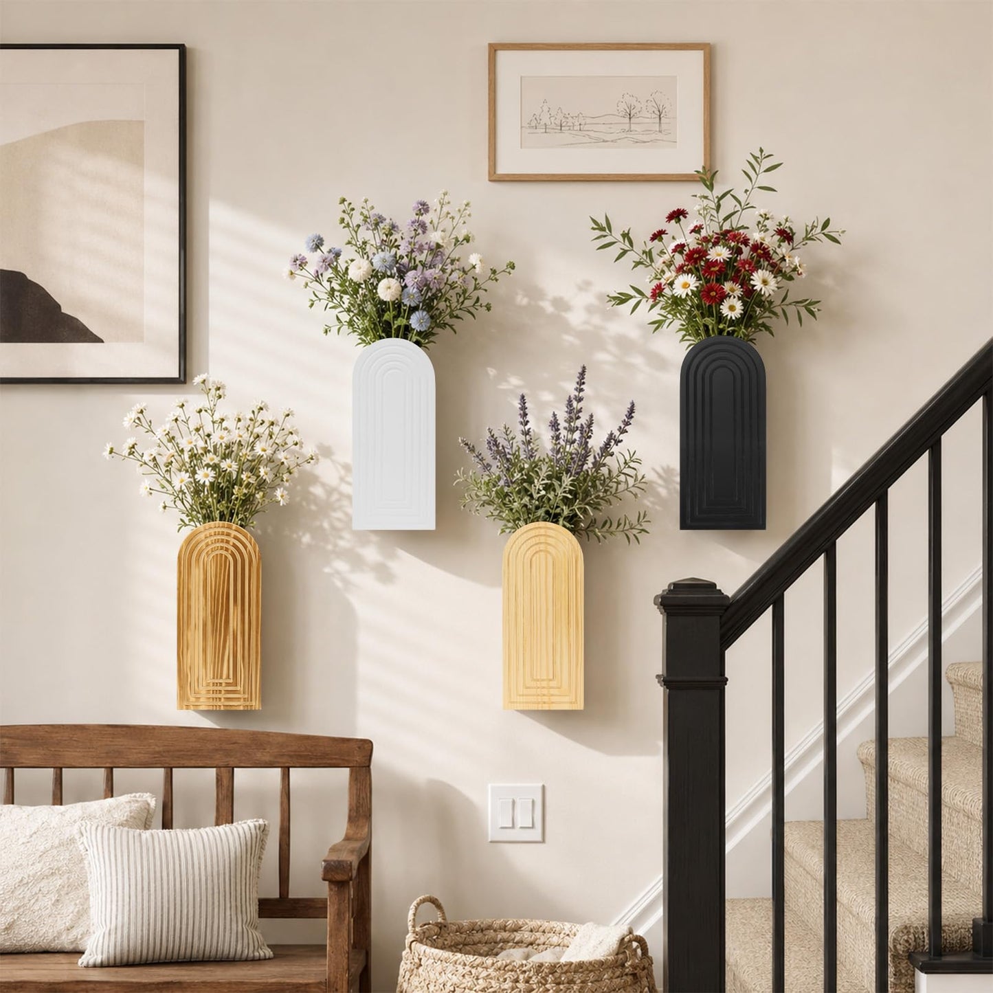2 Pack Wooden Wall Vase Set, Boho Hanging Planter & Finish Modern Farmhouse Plants & Flowers Wall Decor for Entryway, Hallway, Bathroom, Living Room, Dining Room, Narrow Spaces (White)