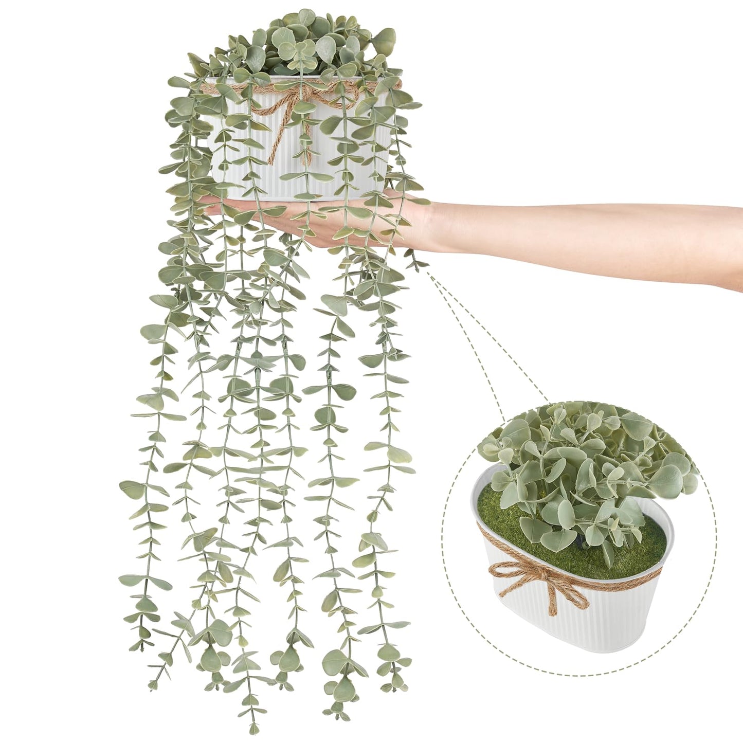 Mkono Fake Hanging Plants in Farmhouse Galvanized Pots Rustic Faux Potted Eucalyptus Greenery Indoor Artificial Plants for Book Shelf Mantel Living Room Bathroom Bedroom Home Office Decor (1, White)