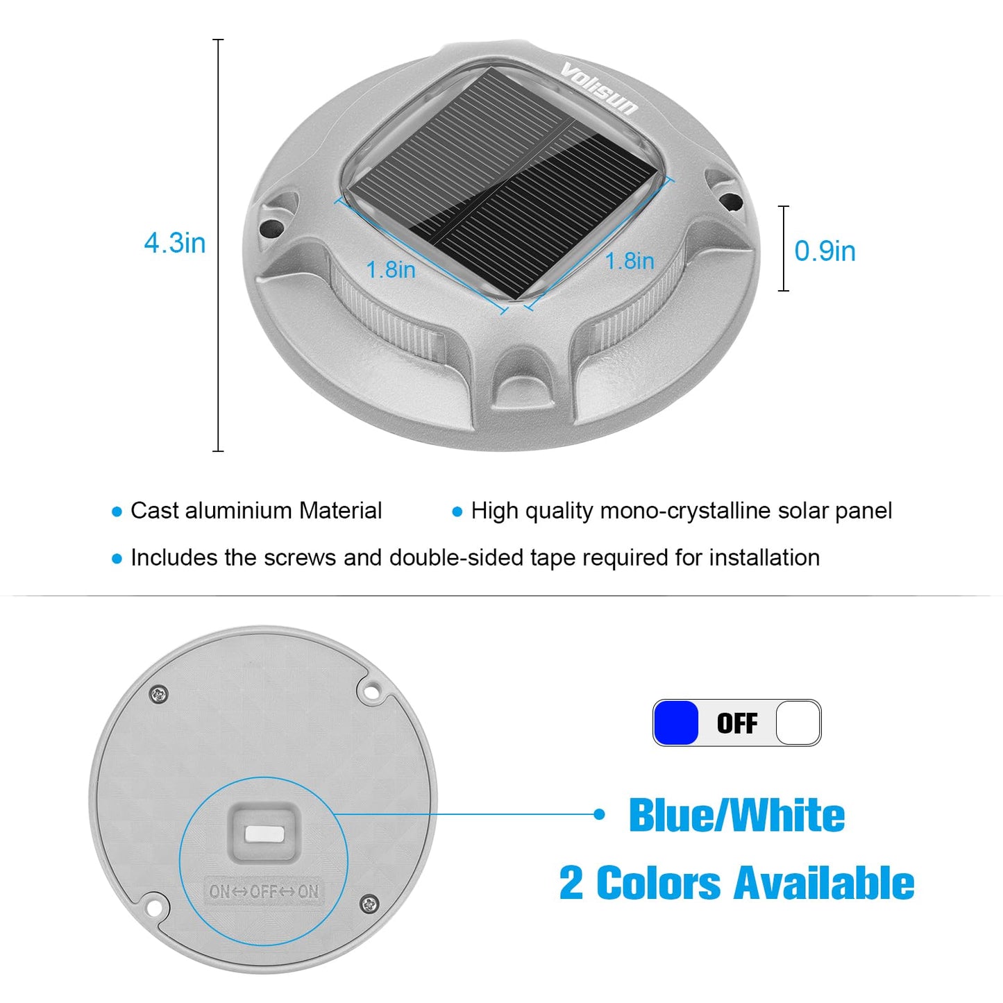 VOLISUN Solar Driveway Lights Dock Marine Lights 4 Pack,2 Colors in 1,Outdoor LED Deck Light,Solar Powered Waterproof Warning Step Light for Driveway Sidewalk Pathway (Blue/White),Saltwater Resistant