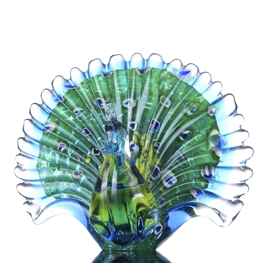 Crystalsuncatcher Hand Blown Glass Peacock Figurines Collectible Gift for Women Glass Art Animal Sculpture for Home Table Decorations (7.5in,Green)