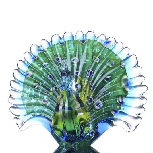 Crystalsuncatcher Hand Blown Glass Peacock Figurines Collectible Gift for Women Glass Art Animal Sculpture for Home Table Decorations (7.5in,Green)