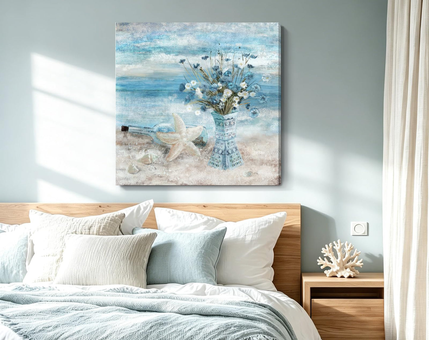 Beach Wall Art for Living Room Blue Ocean Theme Canvas Print Modern Abstract Coastal Picture Seascape Painting Daisy Flower in Indian Vase Framed Artwork for Seaside Bedroom Bathroom Office 24x24inch