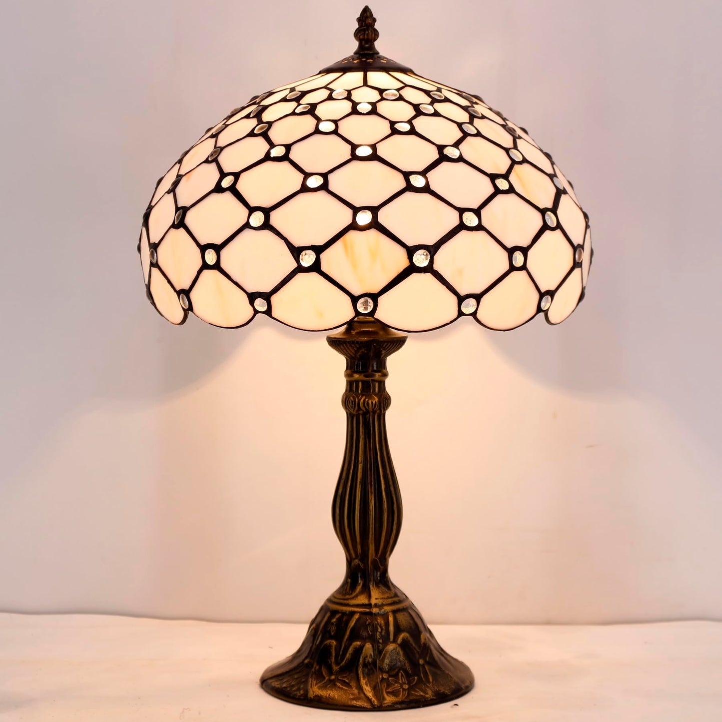 WERFACTORY Tiffany Lamp Cream Amber Stained Glass Bead Table Lamp 18 Inch
