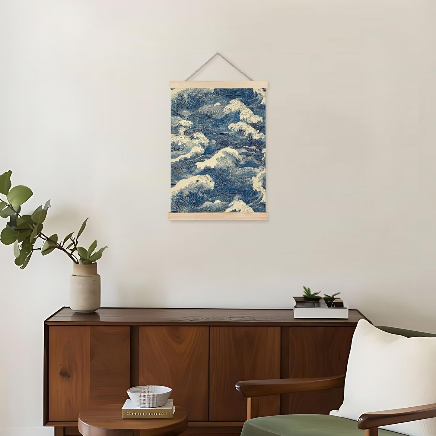 Nipil Blue and White Wave Japandi Poster Hanger Frame, Japanese Room Decor, Abstract Japanese Wabi Sabi Ocean Waves Coastal Beach Hanging Canvas Framed Wall Art Decor for Home, 12x16 Inch