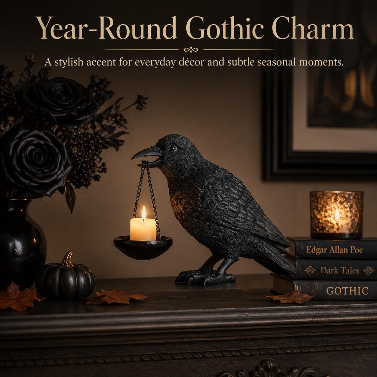 Gothic Crow Lamp with Tealight Candle Holder Raven Statue Halloween Decor Black Bird Decorations Indoor Gothic Home Decor for Living Room Tabletop Shelf Bedroom Unique Goth Witchy Gifts