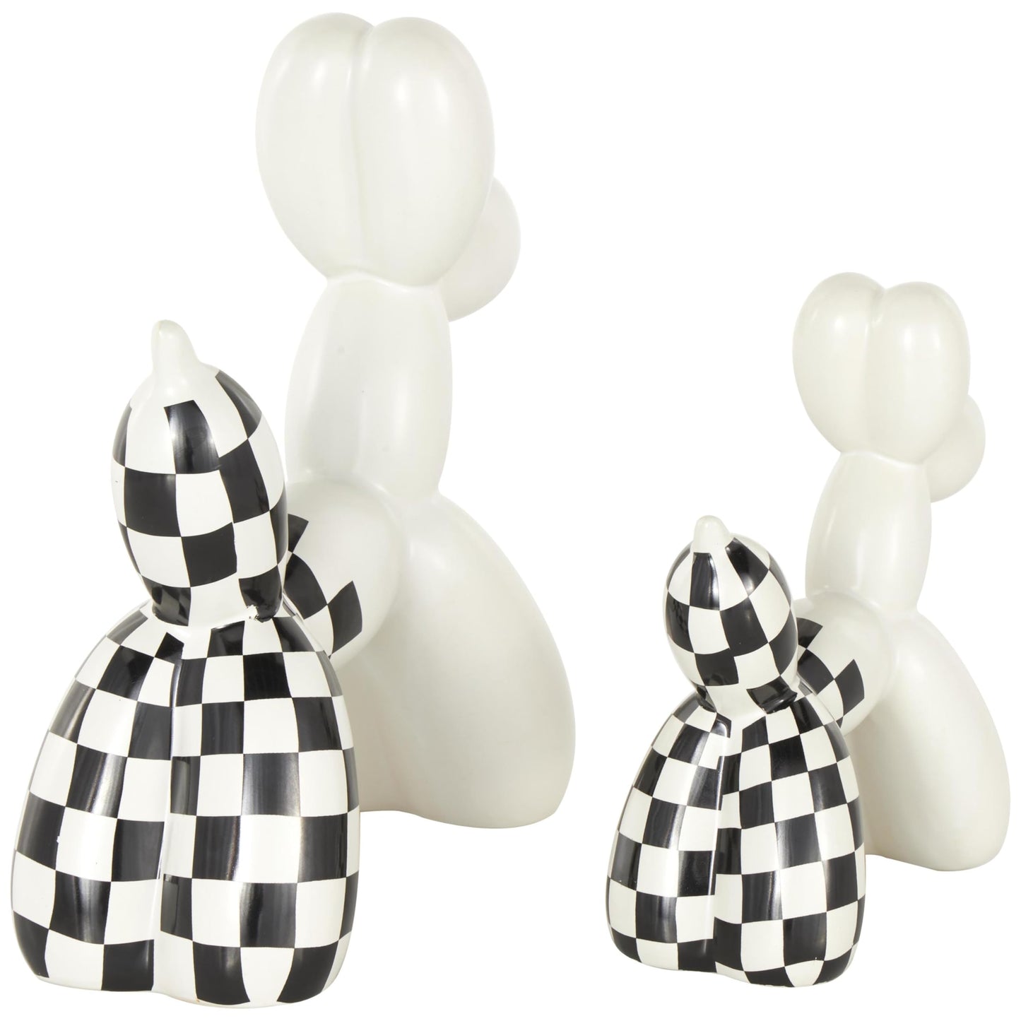 Deco 79 Ceramic Dog Decorative Sculpture Balloon Home Decor Statues with Checkered Accents, Set of 2 Accent Figurines 9", 7"H, White