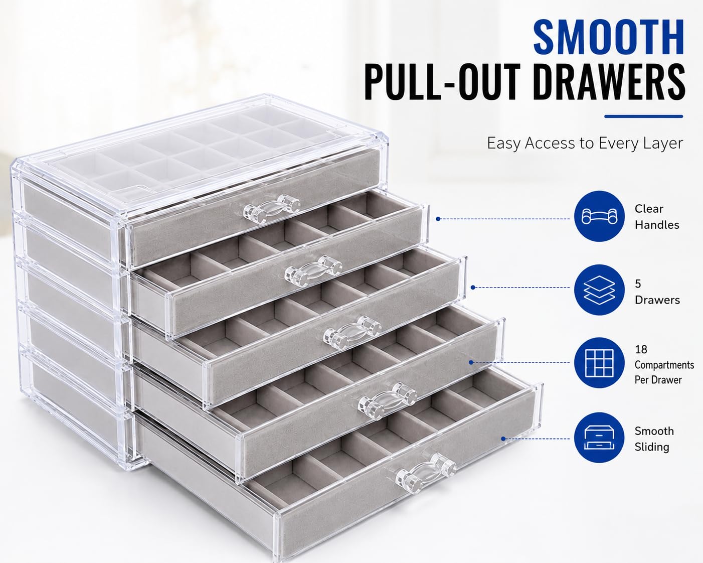 IRSTBL - Rock Collection Display Case - 90 Grid Crystal Shell Storage Box - Mineral Collection Display Cabinet with 5 Drawers