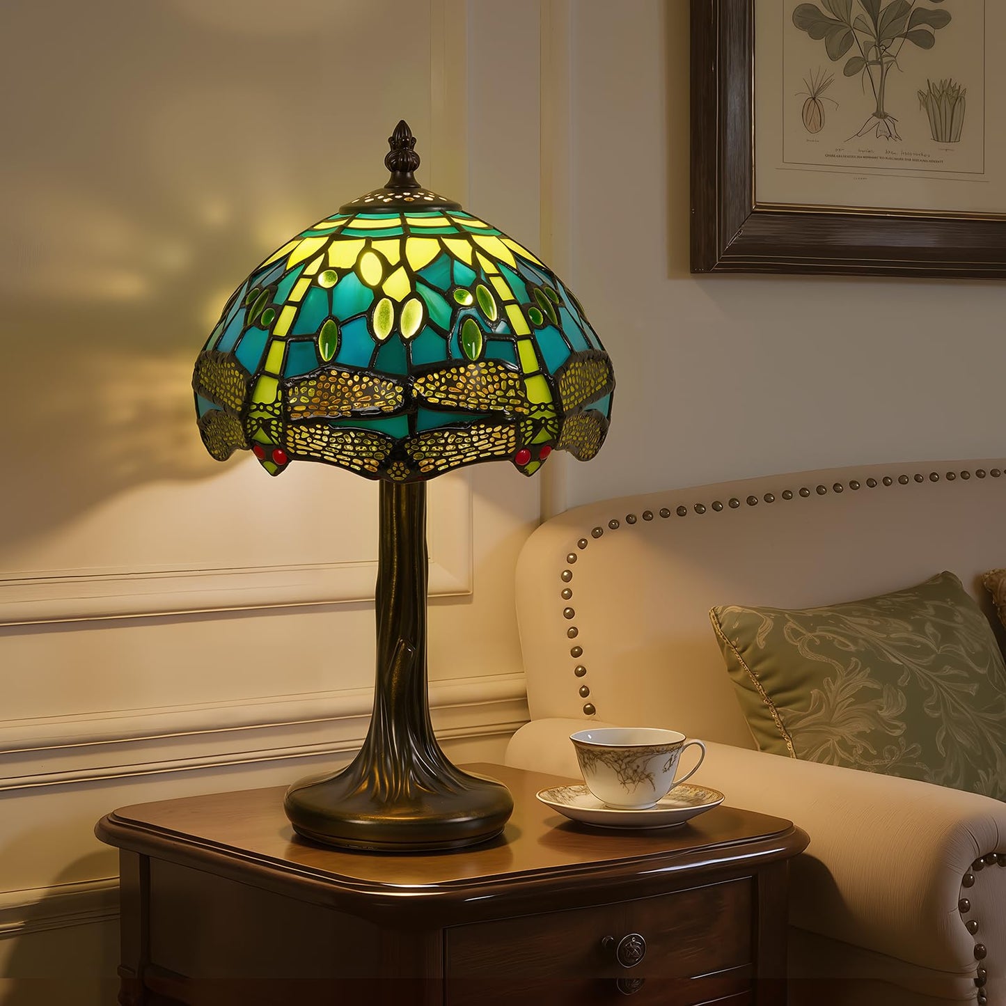 Rynxphera Tiffany Table Lamp, 8 in Small Stained Glass Dragonfly Table Lamp
