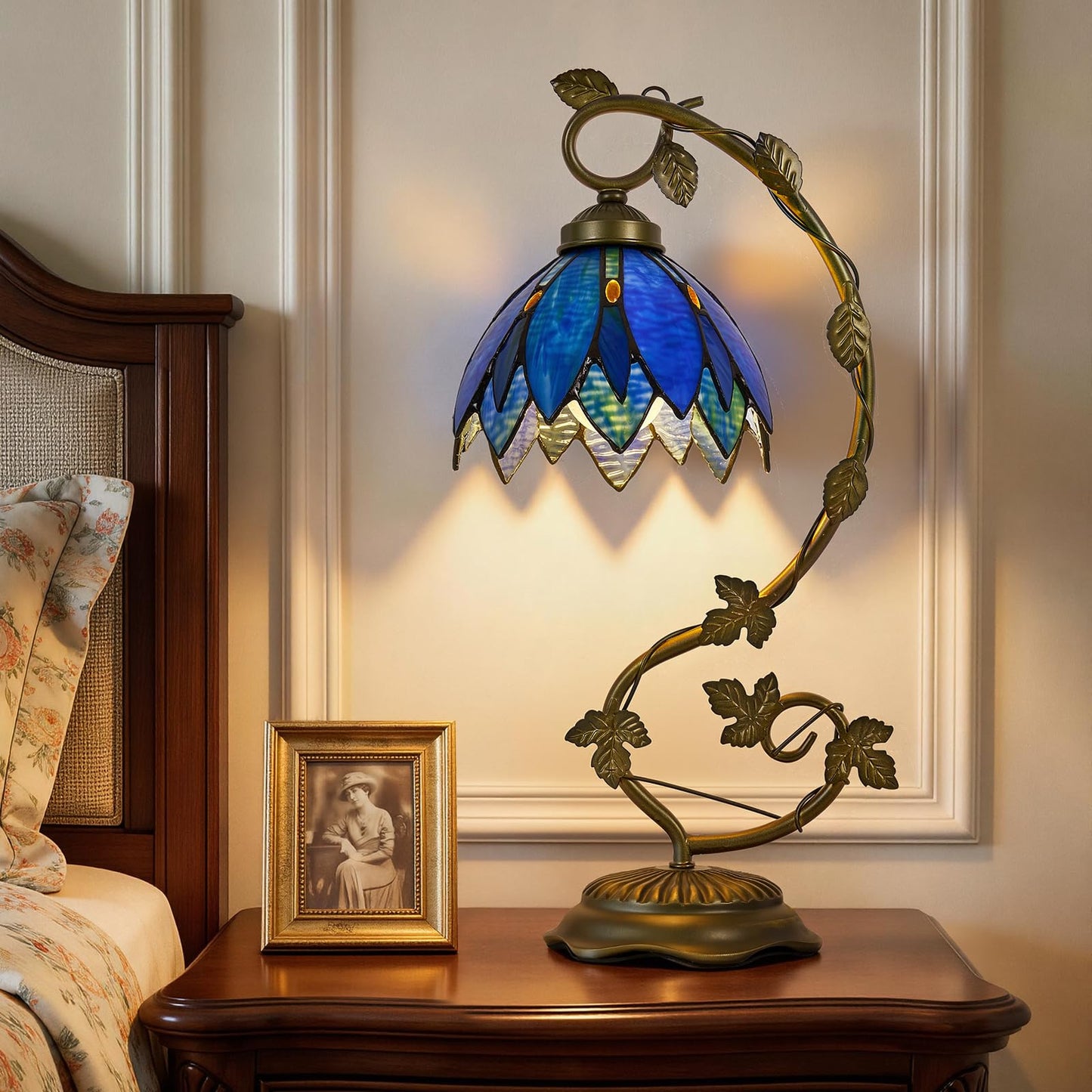 Drqvonth Tiffany Table Lamp, Blue Petal Stained Glass, Metal Leaf Base