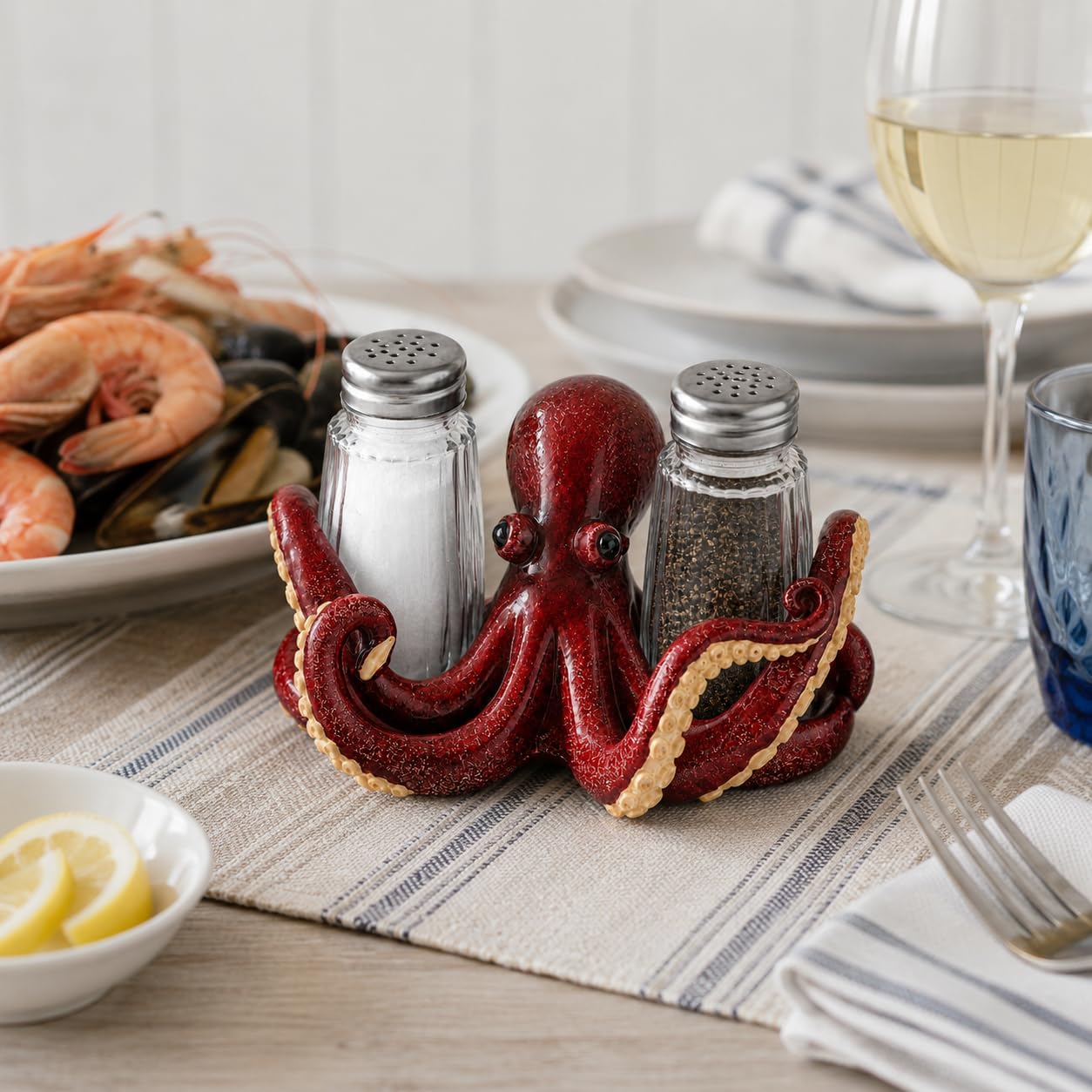 Comfy Hour 6" Red Octopus Salt and Pepper Shaker Duo (Empty Bottle Set Included), Decorative Coastal Ocean Figurine Holder for Kitchen Tabletop, Heavy Duty Resin Stone Texture, 1 Unit