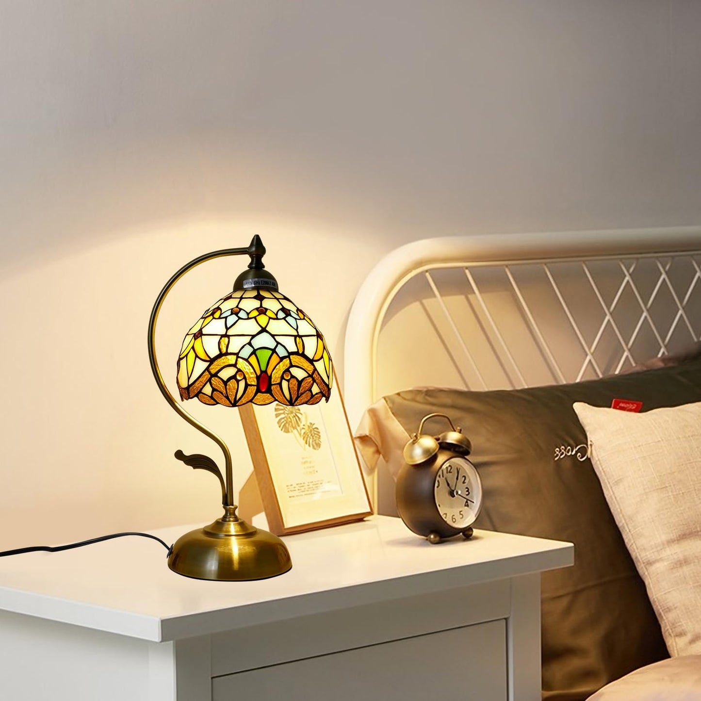 VirtueKing Tiffany Lamp Stained Glass Table Lamp Beige Baroque Style Desk Light with Metal Leaf Iron Base 8" Wide 17" Tall for Small Space Bedroom Home Office Decor