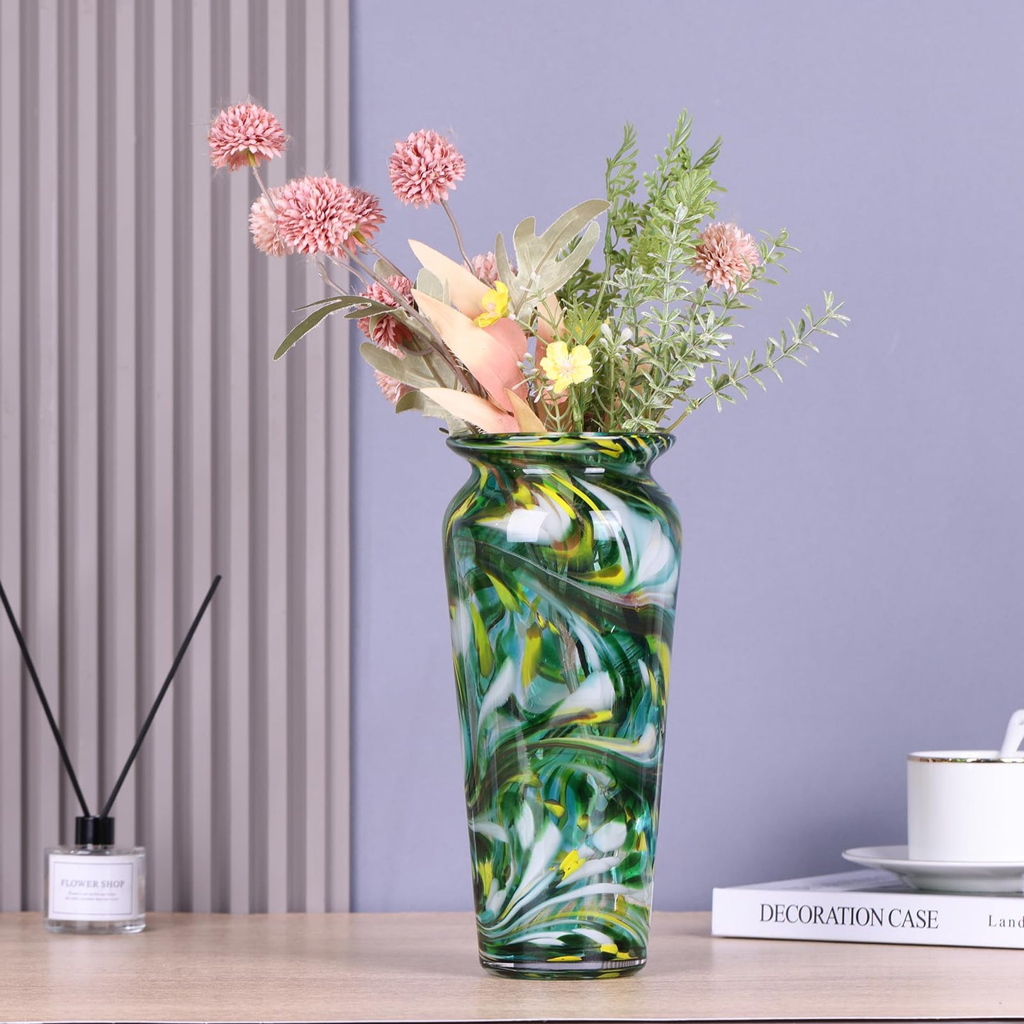 PlivBloom Green Hand Blown Glass Vase – Tall Speckled Decorative Centerpiece in Murano Style for Dining Table, Coffee Table, Mantel, Entryway, or Bookshelf in Coastal or Modern Decor (Green)