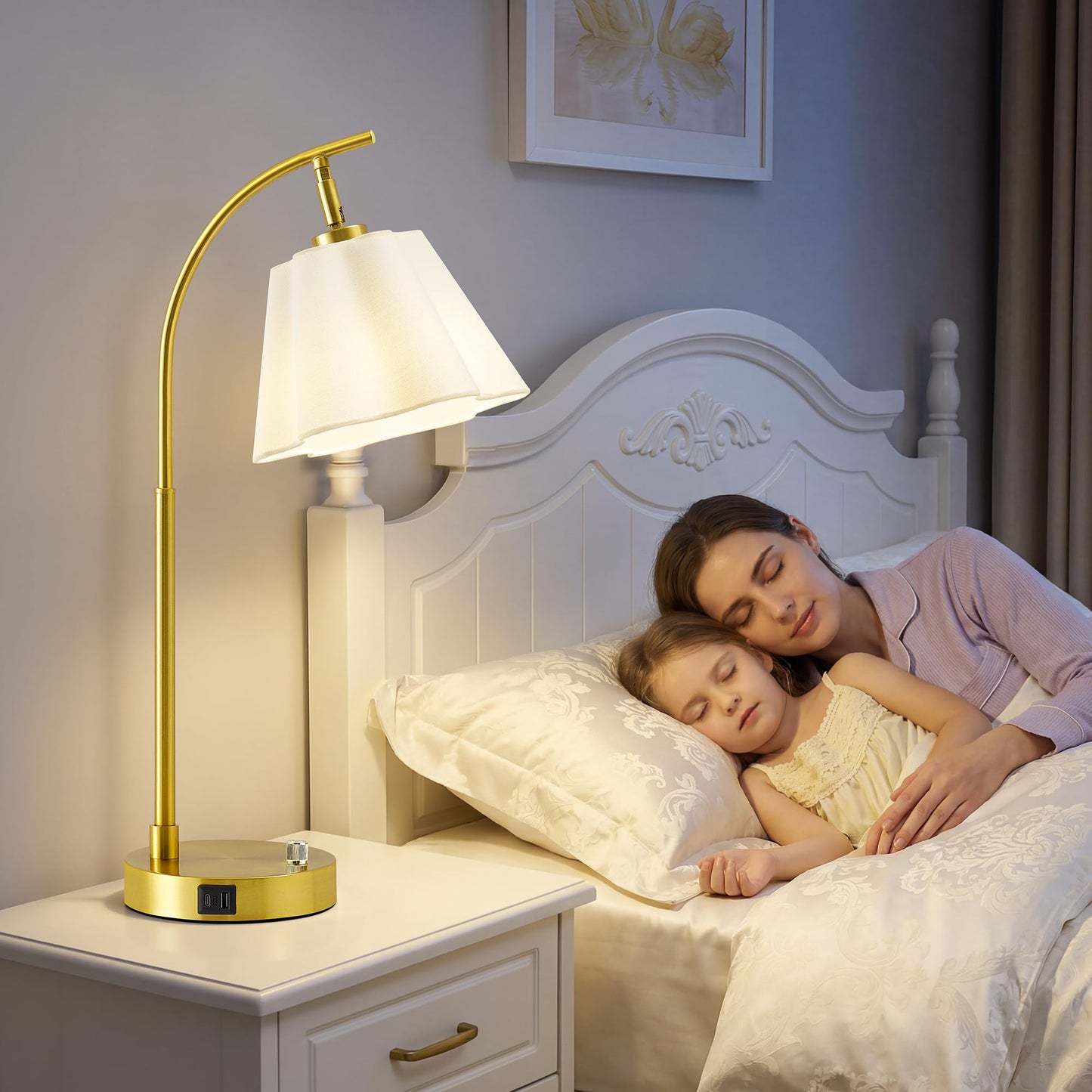Gold Table Lamp Set of 2, Bedside Table Lamp with USB C+A Ports, Stepless Dimmable Nightstand Lamp, Small Cute Bedroom Lamps, Flower Lamp for Bedroom, Living Room, Home Office(Bulbs Included, Gold)