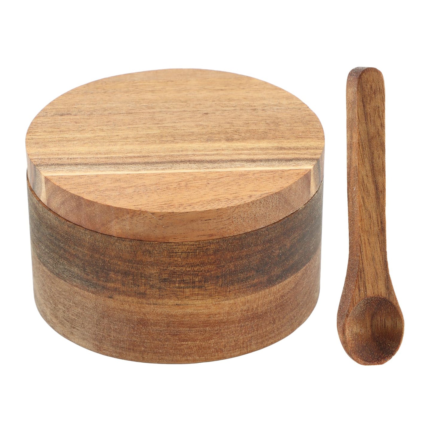 Restynic Wood Salt & Pepper Bowl with Magnetic Swivel Lid - Built-in Spoon, Natural Wood Grain, for Kitchen Spice Storage or Gifting(COLOR:Two Compartment)