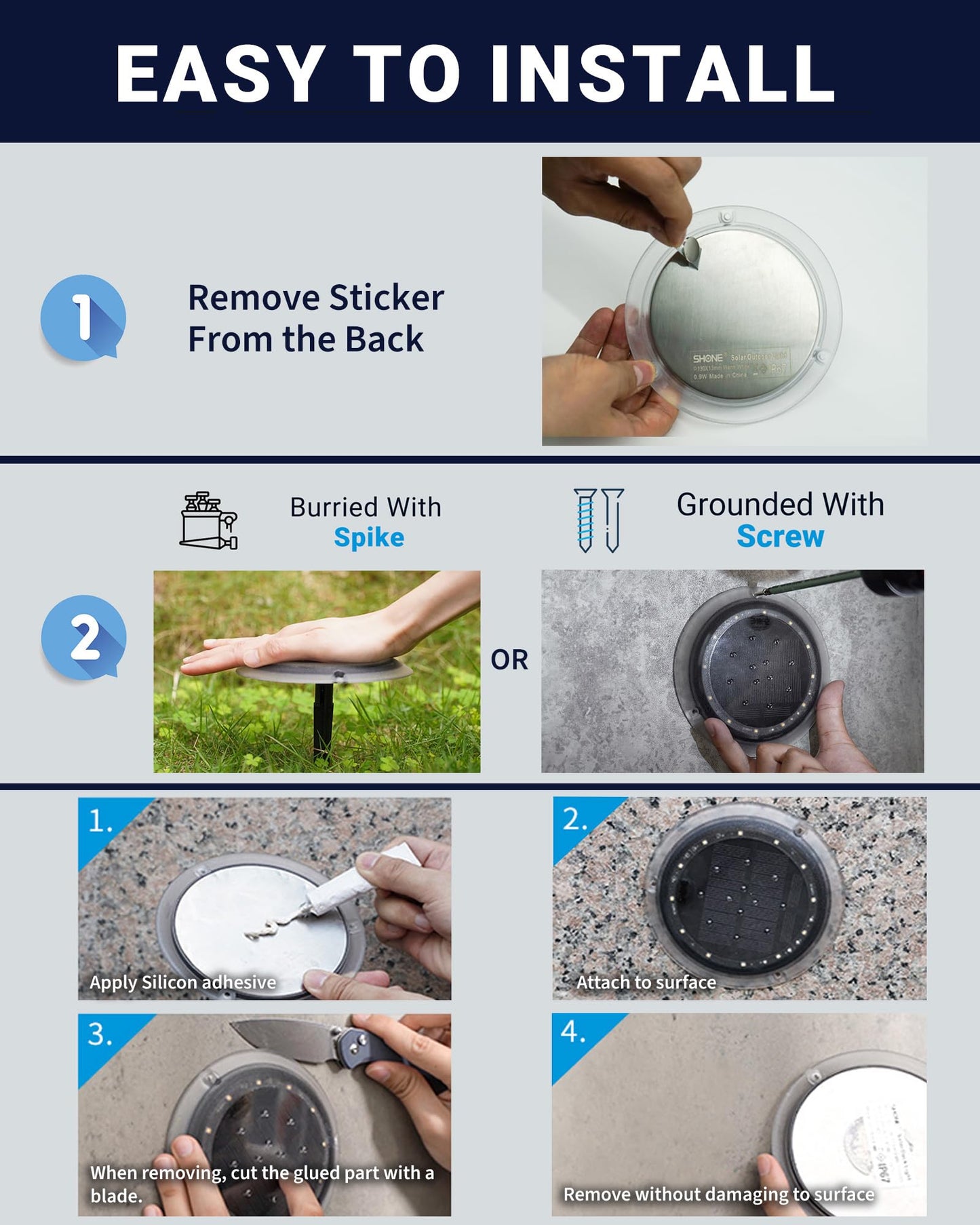 SHONELIGHTING Solar Driveway Lights, Super Bright 48 LED Disc Lights, Flat Low Profile IP67 Ground Lights Easy Install for Deck, Dock, Pathway, Patio, Walkway (Warm White, 6 Pack)