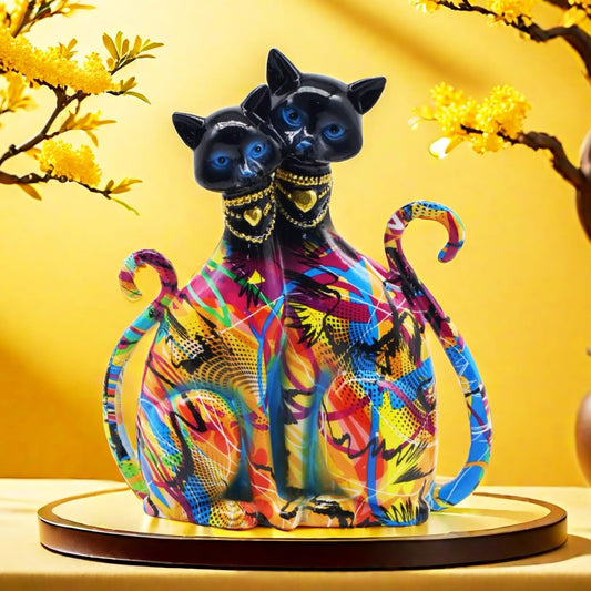 SHTWX Colorful Cat Couple Lover Art Statue Figurine Sculpture, Cats Gifts for Cat Lover, Office Home Decor, Desk Accessories
