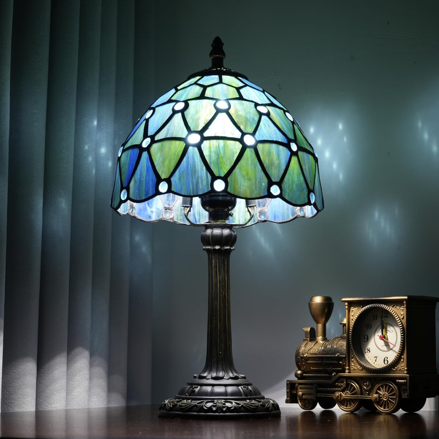 KIPHEPI Tiffany Lamp Stained Glass Table Lamp 8X8X14 Inches Sea Blue Style Living Room Bedroom Dorm Kitchen Home Decor Festival Birthday Gift