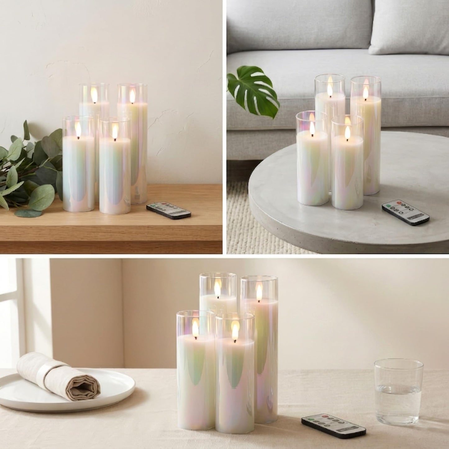 Rhytsing Glass Battery Operated LED Candles, White Slim Flameless Candles with Remote, Warm White Light, 8 Batteries Included - D 2‘’ - Set of 4 (Pearlescent)