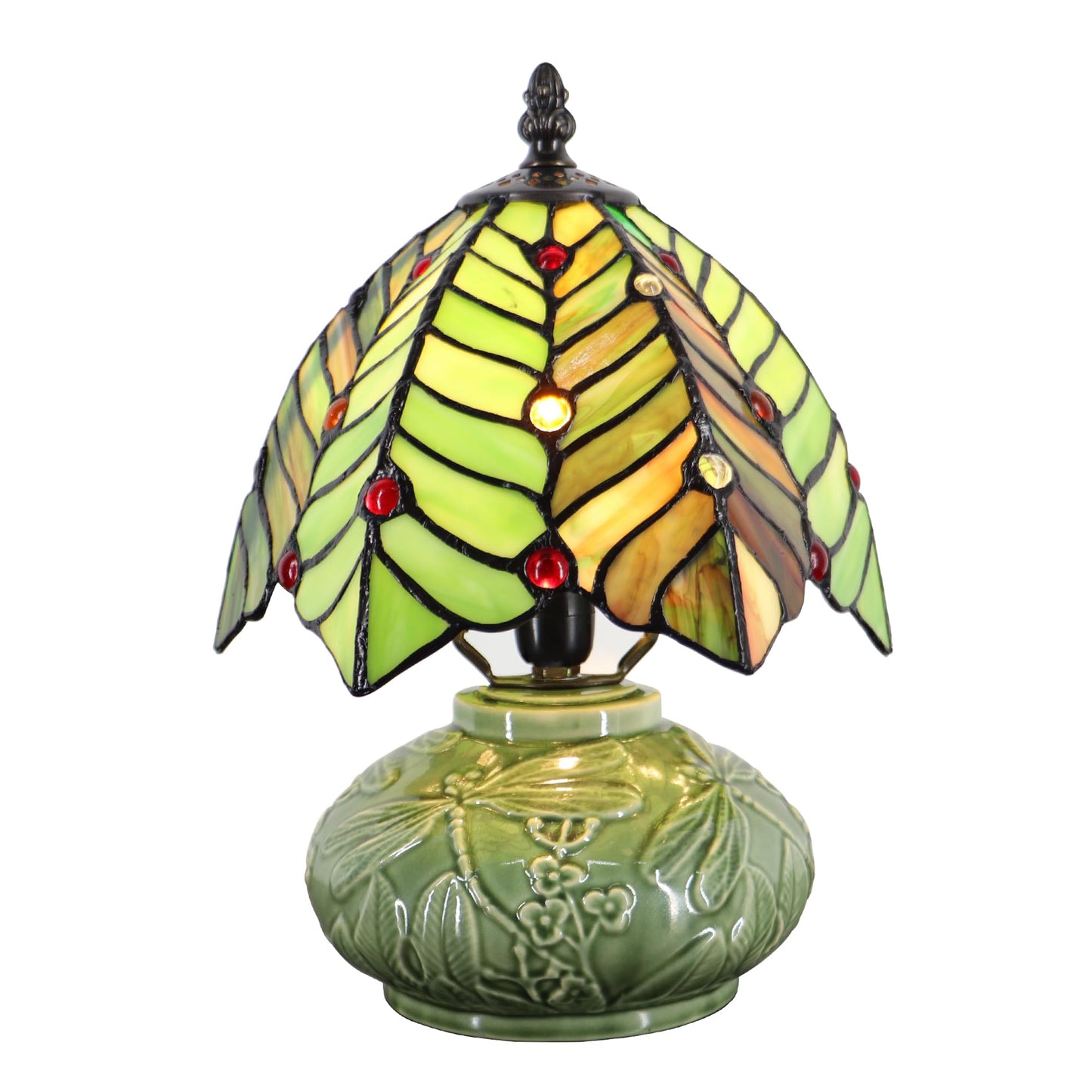 LXHCYOU Small Tiffany Lamp Mushroom Table Lamp, Mini Stained Glass Desk Light Memory Sympathy Ceramic lamp 8X11 Inch (Brown Green Leaf)