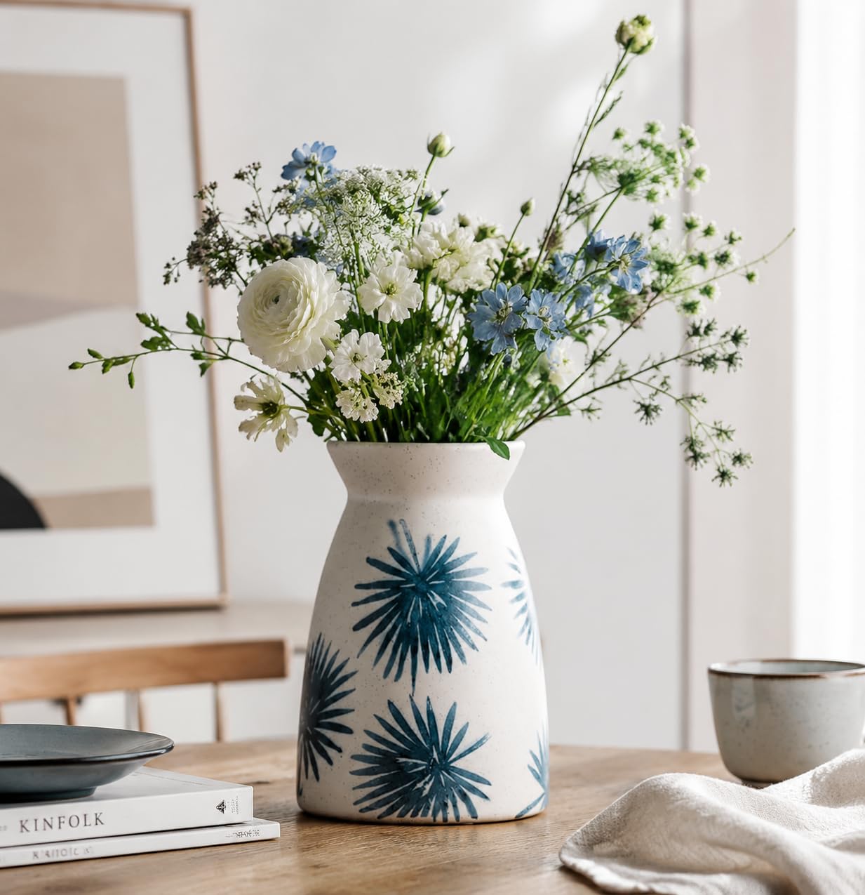 hjn Teal Ceramic Vase Modern Minimalist Table Centerpiece, Round Smooth Flower Holder for Living Room, Shelf, Mantel, Wedding & Home Decor -Cream-7" H