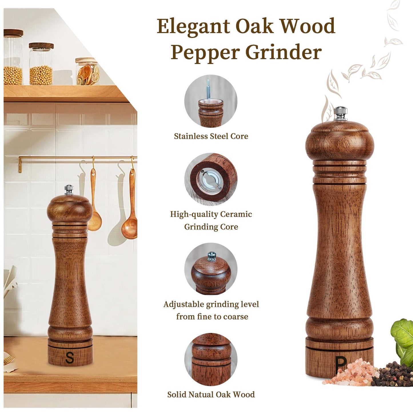 Haomacro Wooden Salt and Pepper Grinder Set Refillable Salt & Pepper Mills Adjust for Coarseness, Crafted of Solid Oak Wood with Ceramic Stainless Steel Core, 8 Inches - 2 Packs