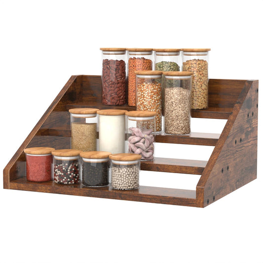 4 Step Spice Rack Organizer for Cabinet, Robust Wooden Display Riser Shelf Seasoning Organizer for Countertop Cupboard Pantry, Condiment Jar Kitchen Storage Holder Super Sturdy Stand, Rusitc Brown