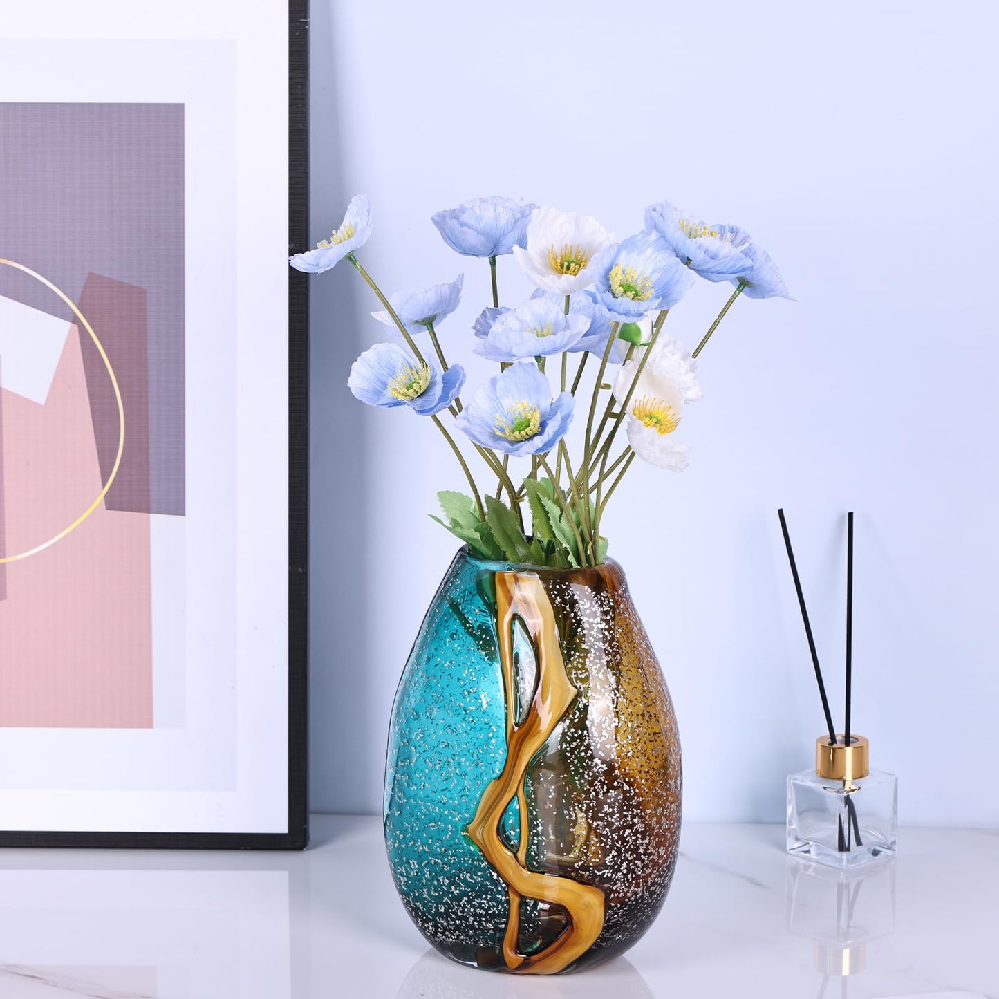PlivBloom Teal Glass Vase,Hand Blown Green Glass Flower Vases Bulk,Murano Glass Vases,Unique Table Glass Decor, Flowers with Vase Decorative,Teal Vase Decor,for Bookshelf,Living Room,Office,Gift (S)