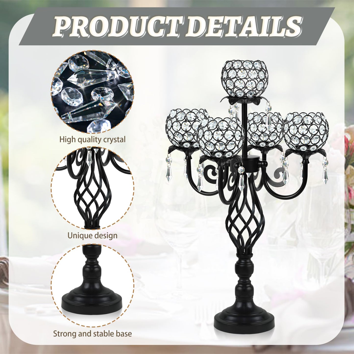Kehail 5-Arm Crystal Candelabra Centerpiece 23.2" Tall - Elegant Candle Holder Stand with Crystal Bowl, Chic Table Decor for Weddings, Parties, Anniversary & Home Decoration (2, Black)