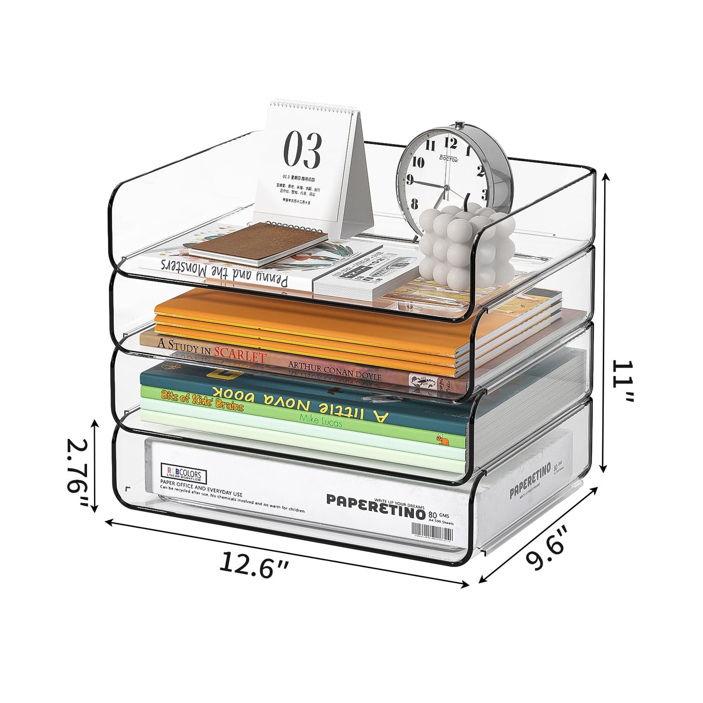 FANXIYQ 4-Tier Acrylic Paper Tray Organizer - Low-Profile Desk File Sorter for Office/Home, Clear Stackable Letter Tray for Bills, Crafts, Notebooks