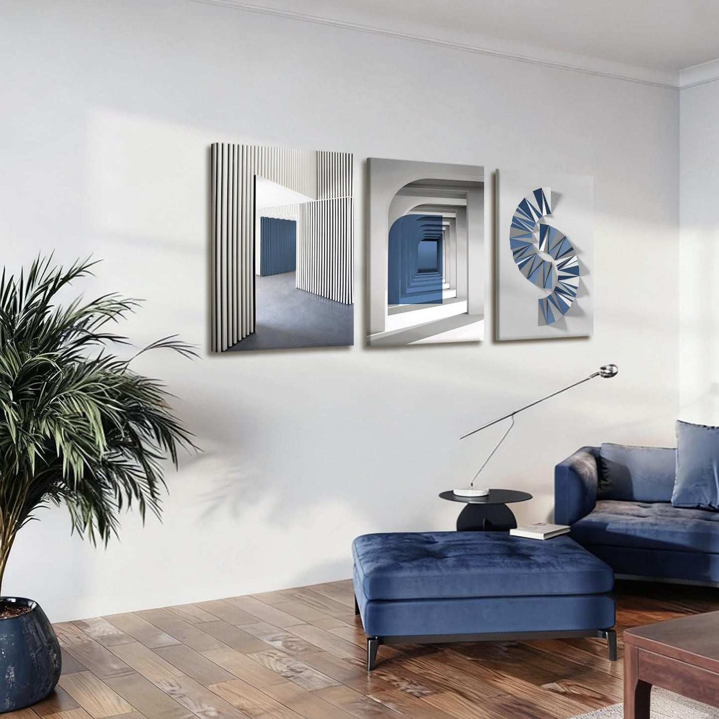 NCCXNCC 3-Pcs Abstract Blue Canvas Wall Art Neutral Minimalist Paintings Gray Geometric Posters Print Modern Architecture Image Artwork Living Room Bedroom or Office Wall Decoration 12x16 inch