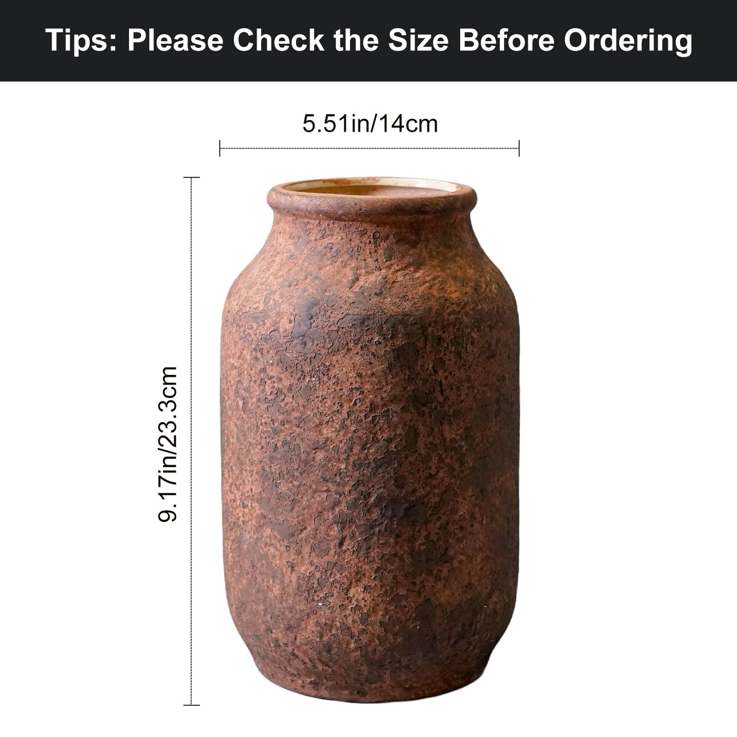 Wancetang Terracotta Farmhouse Vase, 9 Inch Rustic Ceramic Flower Vases for Home Decor, Pottery Decorative Vase for Living Room Shelf Mantle Entryway Fireplace Bathroom Centerpiece Brown
