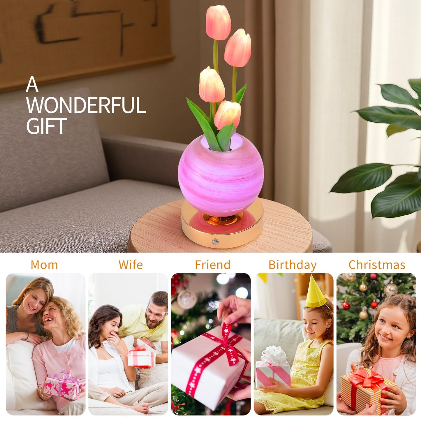 TXGZYBhg Tulip Flower Planet Lamp with Remote Control, Rechargeable Cordless Touch Dimming Artificial Flower Desk Lamp, LED Night Light Romantic Gifts for Girl Women Grandmother (Remote Control)