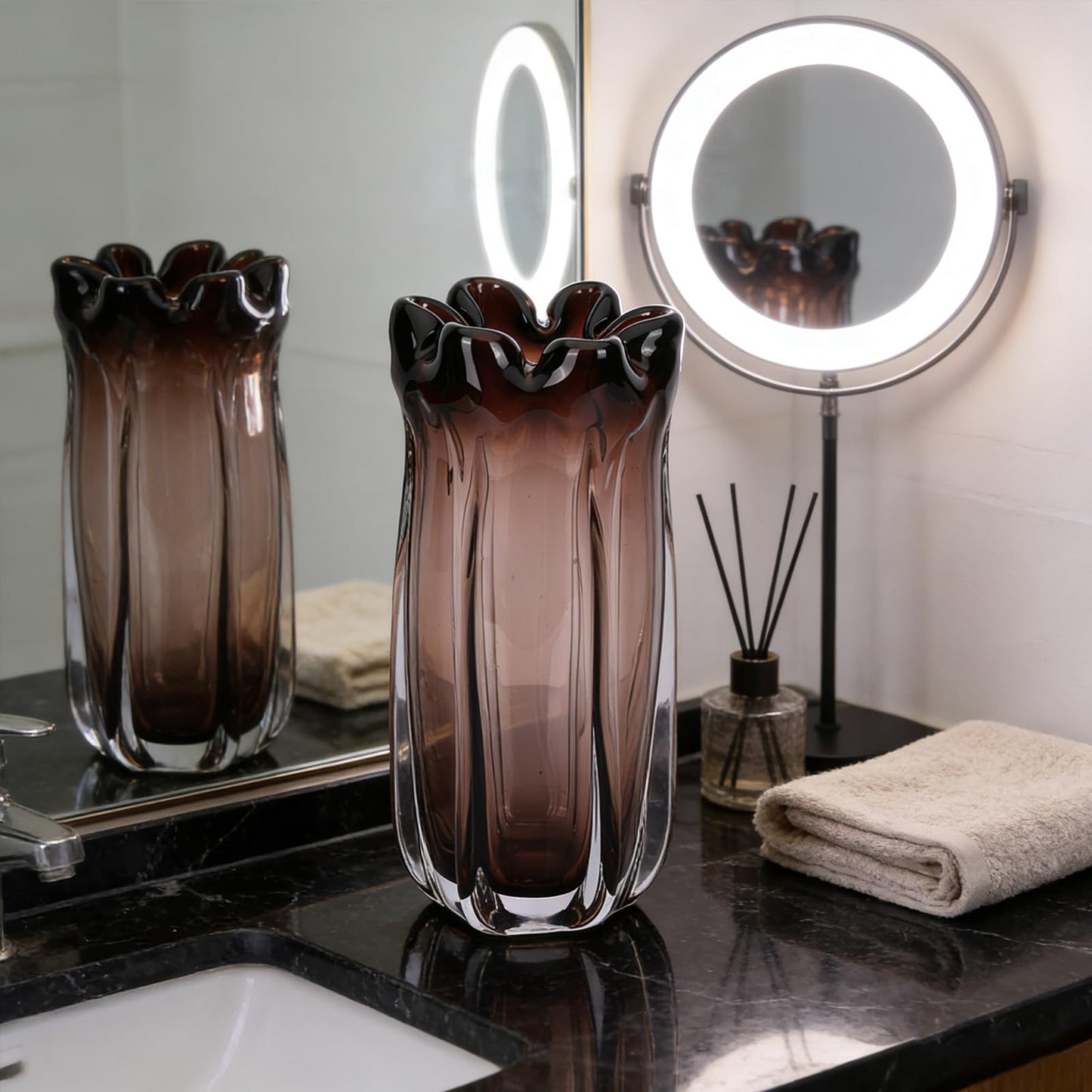 oliruim Blown Purple Brown Glass Vase, 11.7 Inch- Art Wide Mouth Glass Vase for Living Room Centerpiece Decor, Coffee Table, Fireplace Mantel, Floral Arrangement & Home Accents (Purple Brown, L)