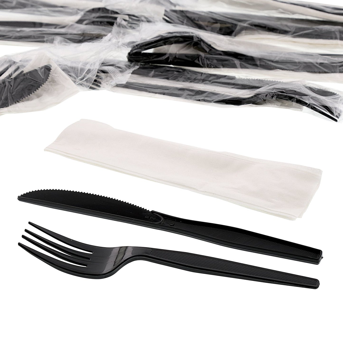 AmerCareRoyal 3-in-1 Disposable Silverware Medium Heavy Weight Plastic Utensil Set with Fork, Knife and 12x13 inch Napkin - Individually Wrapped Cutlery Meal Kit, Black, Case of 500