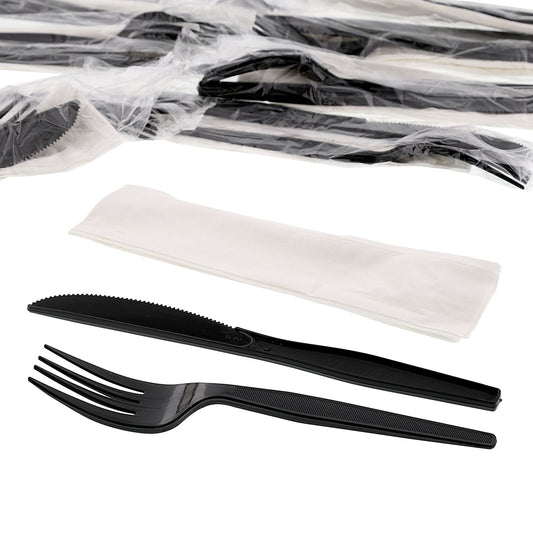 AmerCareRoyal 3-in-1 Disposable Silverware Medium Heavy Weight Plastic Utensil Set with Fork, Knife and 12x13 inch Napkin - Individually Wrapped Cutlery Meal Kit, Black, Case of 500