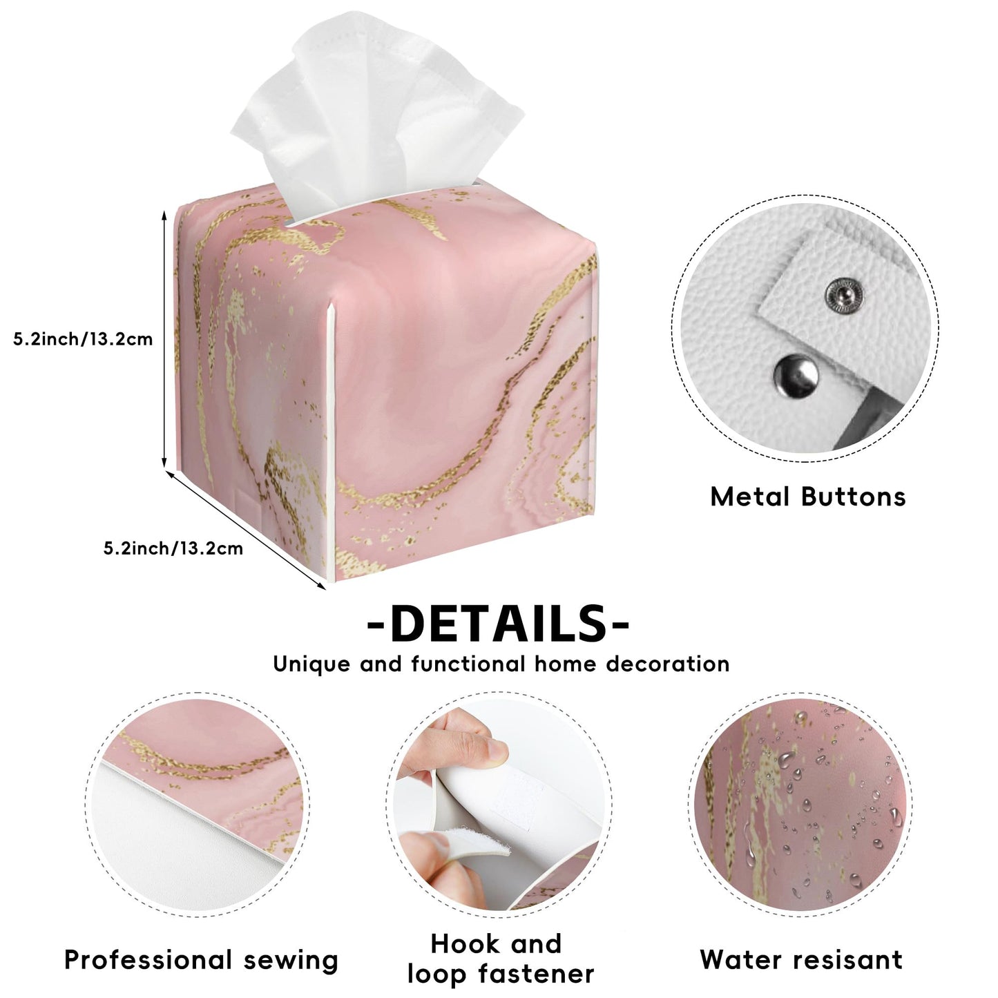 Pink Marble Tissue Box Cover Square,Tissue Box Holder with Belt Bottom,Stylish Leather Napkin Holder for Vanity Countertop,Nightstands,Office Desk,5.2"×5.2"×5.2"