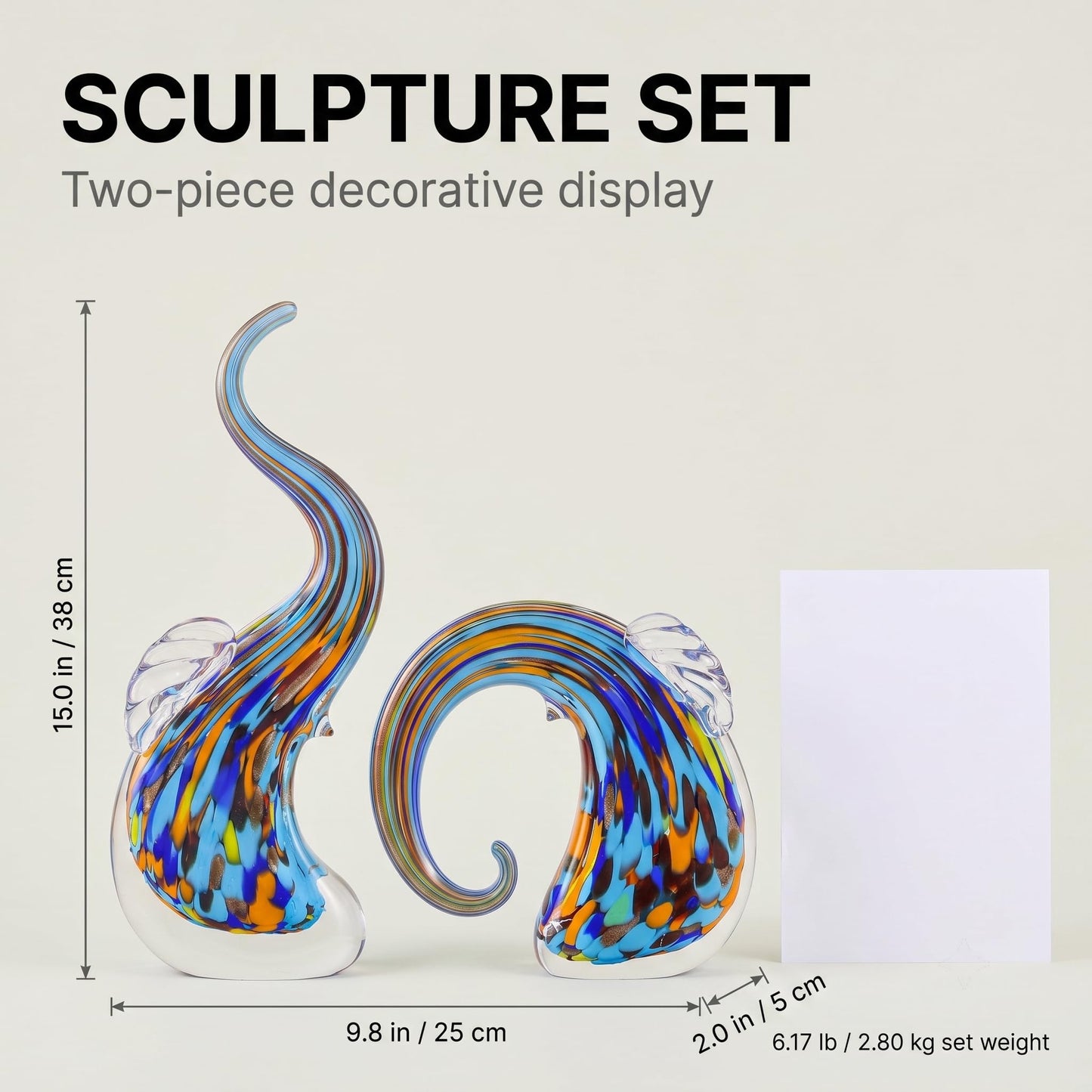 suruim Hand Blown Murano Glass Elephant Statues Set - Luxury Sculptures Home Decor for Living Room & Office Art Glass Ornament Animal Collectible (Green)
