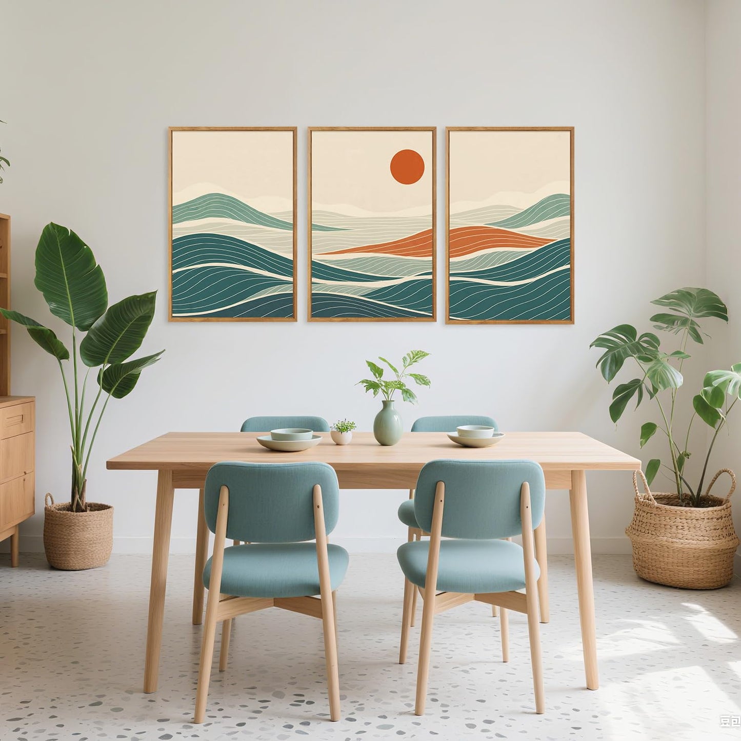 CHDITB Coastal Wave Framed Canvas Wall Art Set, Panoramic Minimalist Sea Wall Decor, Sun Ocean Waves Line Art Wall Painting, Modern Blue Art Prints for Living Room, Beach House Decor 16"x24"x3